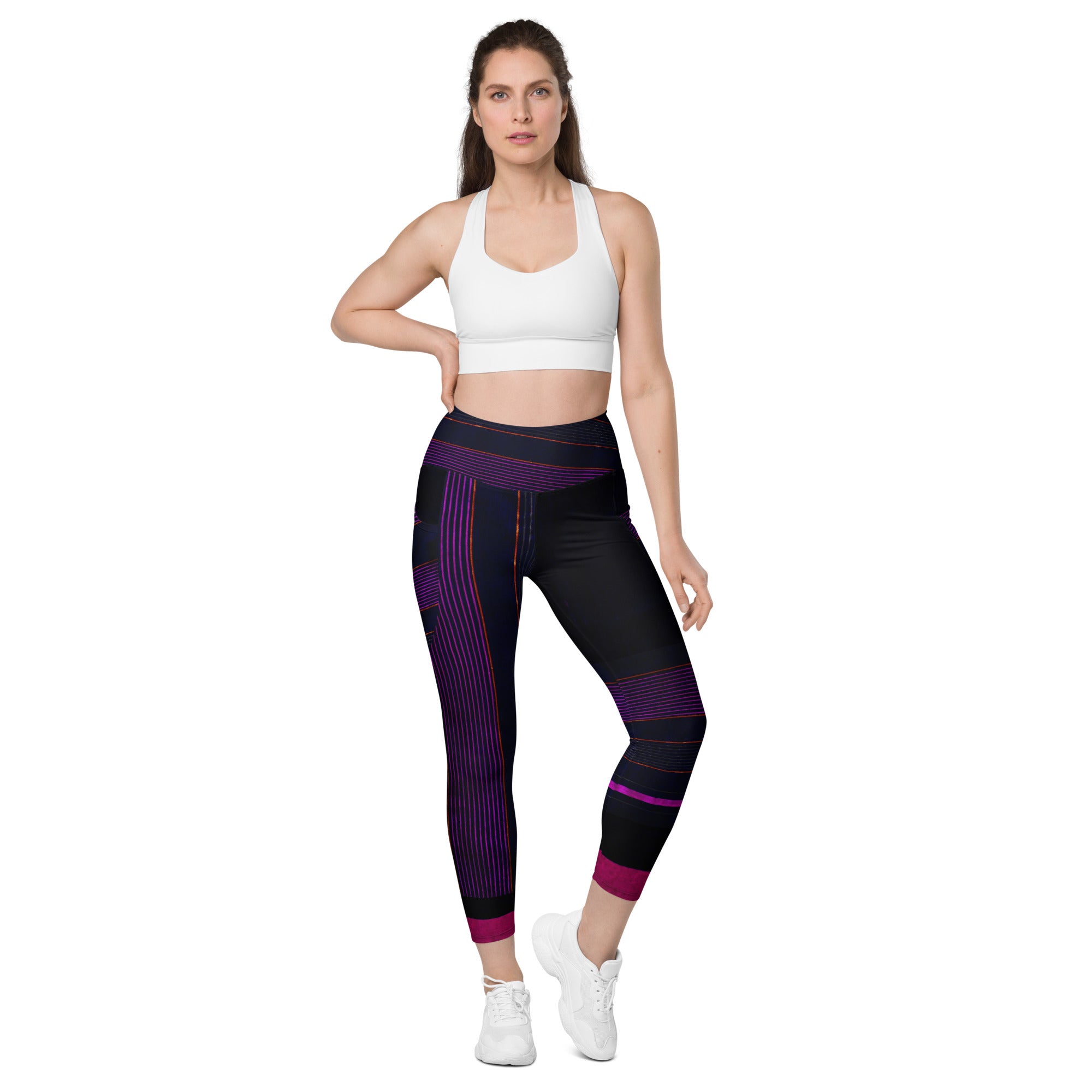 Black Gym Leggings with Pockets. Purple Pin Stripes Dance Leggings. Crossover Waist Yoga Pants. "Peppermint" by WickedYo.